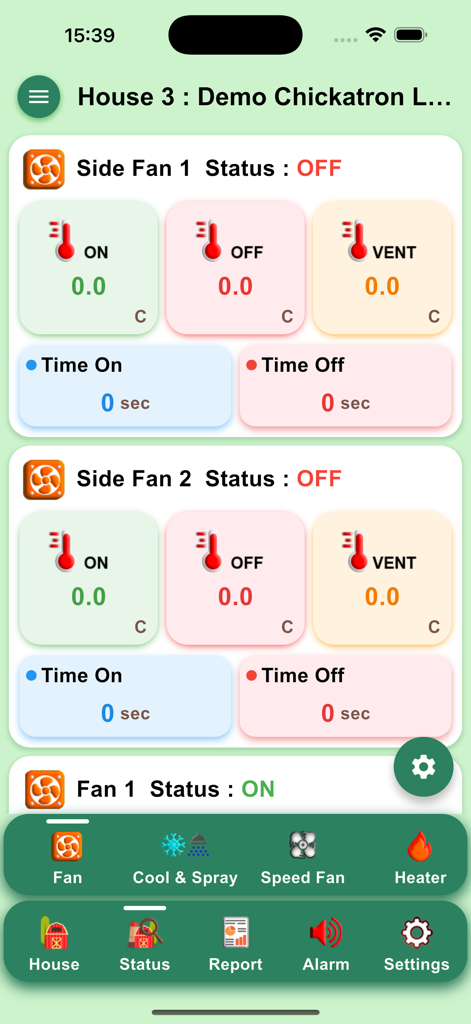 Chickatron Layers - Interfaz de la aplicación Chickatron Layers que muestra el estado y la configuración de temperatura de los ventiladores de la granja avícola