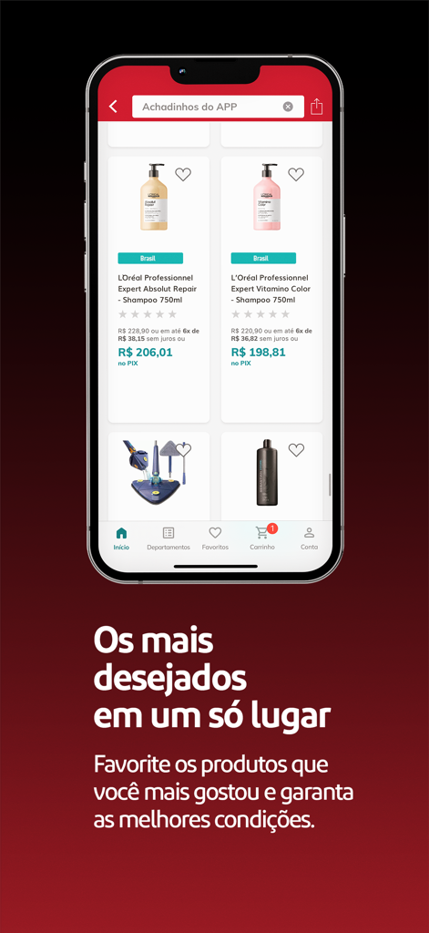 Extra: Loja online com ofertas - Una pantalla móvil de la aplicación Extra que muestra varias listas de productos, incluyendo champú y artículos para el hogar con precios en Reales Brasileños