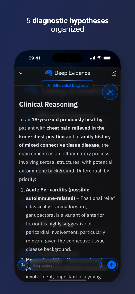 Deep Evidence: Clinical AI - Deep Evidence app interface showing prioritized differential diagnosis and clinical reasoning for a medical patient case