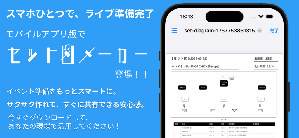 セット図メーカー - Interface de smartphone de l'application Stage Plot Maker montrant un diagramme de scène technique avec des étiquettes d'équipement et une disposition de scène pour un groupe