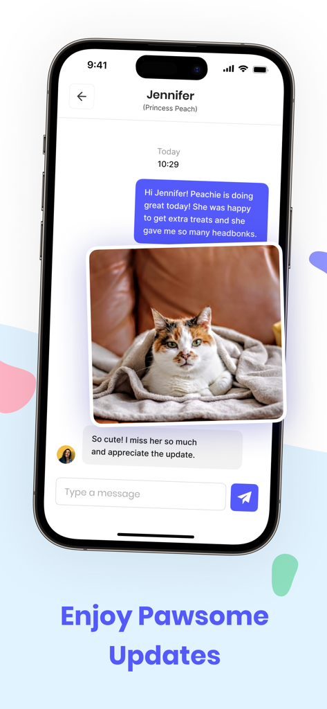Meowtel app chat interface showing a photo update of a cat from a sitter