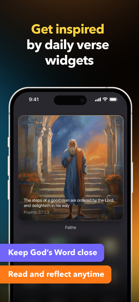 Daily Bible verse widget on Faithe app screen featuring an artistic illustration and scripture.