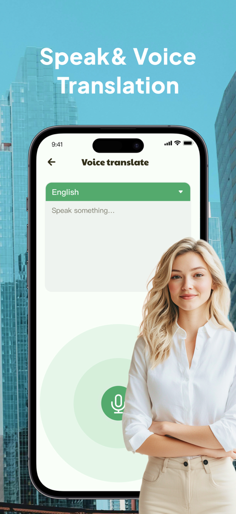 Smartphone che visualizza la funzione di traduzione vocale dell'app Translate Voice AI Chat con una donna professionista in primo piano