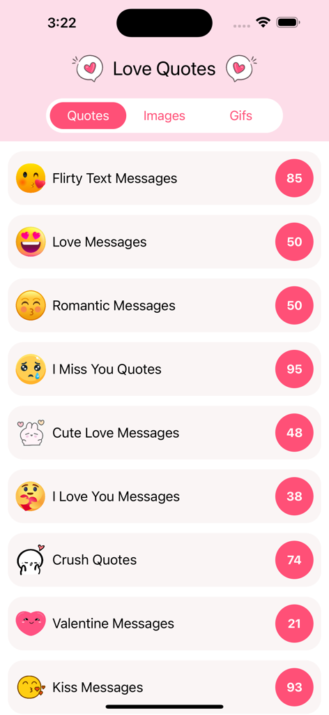 Best Romantic Love Quotes - Best Romantic Love Quotes app interface showing various quote categories like flirty text messages and romantic messages with count indicators