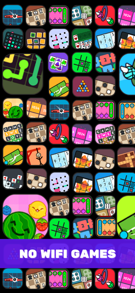 A grid of colorful mini game icons featuring puzzles and arcade games with a banner reading No Wifi Games