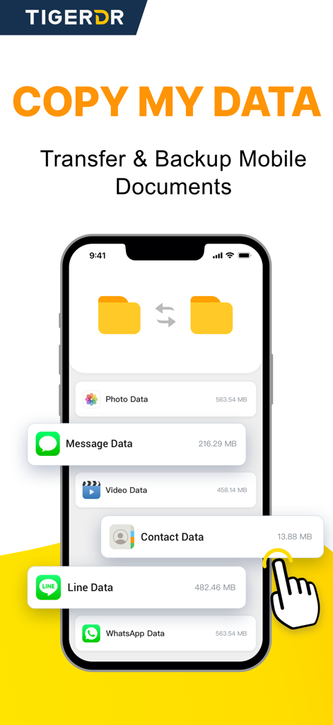 Interface of Tiger Data Recovery app showing options to backup and transfer photos, messages, and WhatsApp data.