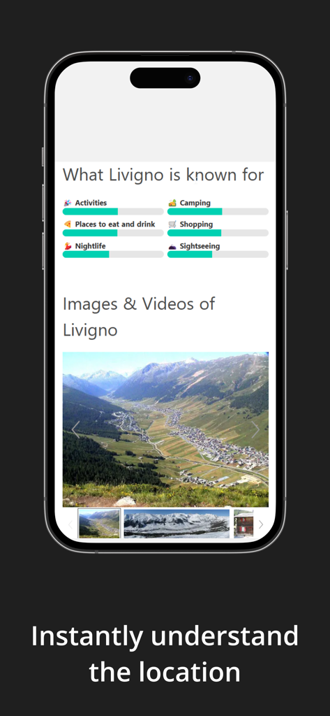 Earth Roulette: Trip Explorer - Earth Roulette App-Oberfläche, die Standortdetails und Landschaft von Livigno anzeigt