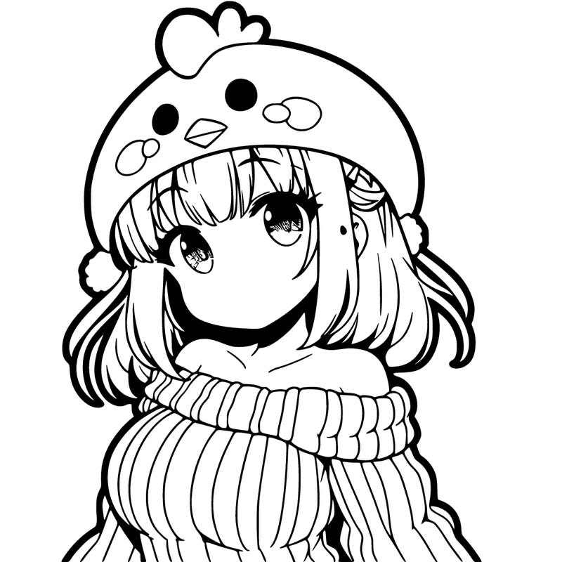 amime girl with chicken shaped hat with sweater with bere shoulders with bangs