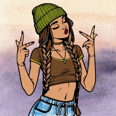 realistic teenage girl with braids and a beanie and crop top doing 🫶🏼