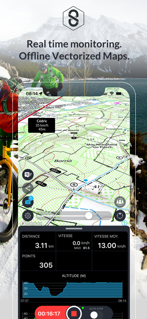 SportsTrackLive: Action Sports - SportsTrackLive app interface displaying real-time tracking stats and offline vectorized maps for outdoor adventures