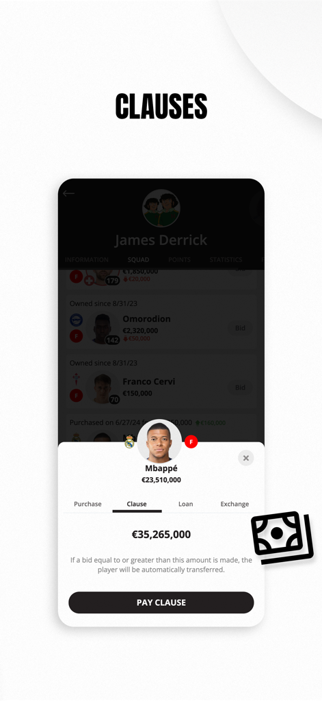 Biwenger - Fantasy Manager - A mobile interface from Biwenger showing a transfer release clause payment screen for the player Mbappé.