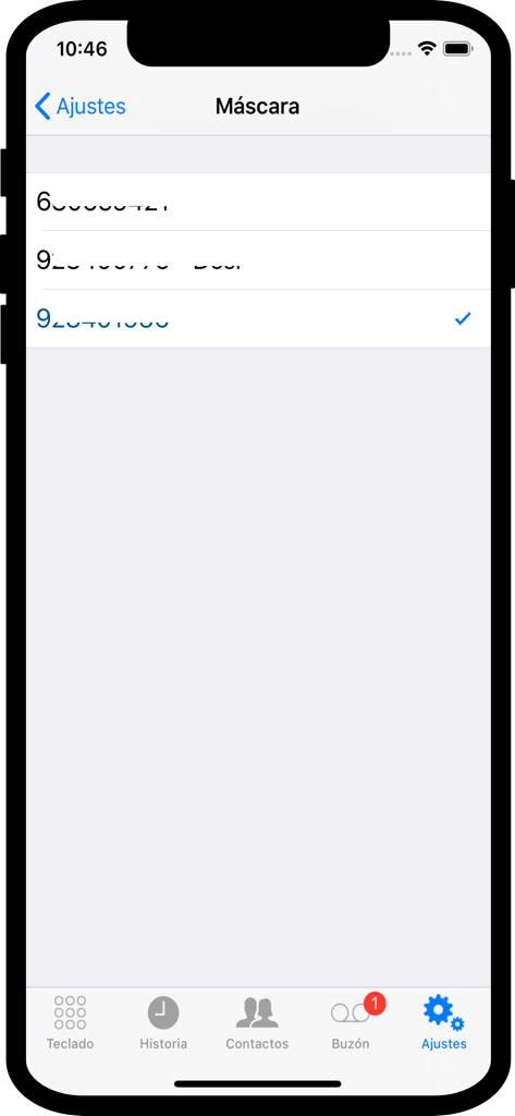 Voip Duocom - softphone SIP - Settings screen in the Voip Duocom app showing a selection of virtual phone numbers for caller ID masking