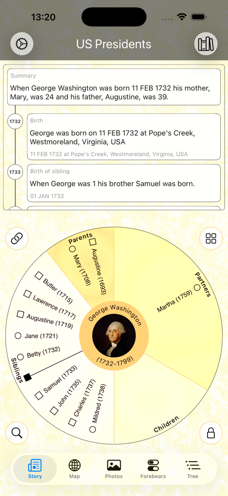 Forebears Genealogie-App zeigt das Wonder Wheel-Navigationstool mit George Washingtons Familienstammbaum und Zeitachse.