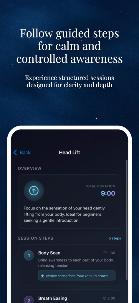 Screenshot zeigt geführte Schritte für die Head-Lift-Technik in der Astralis Astralprojektions-App