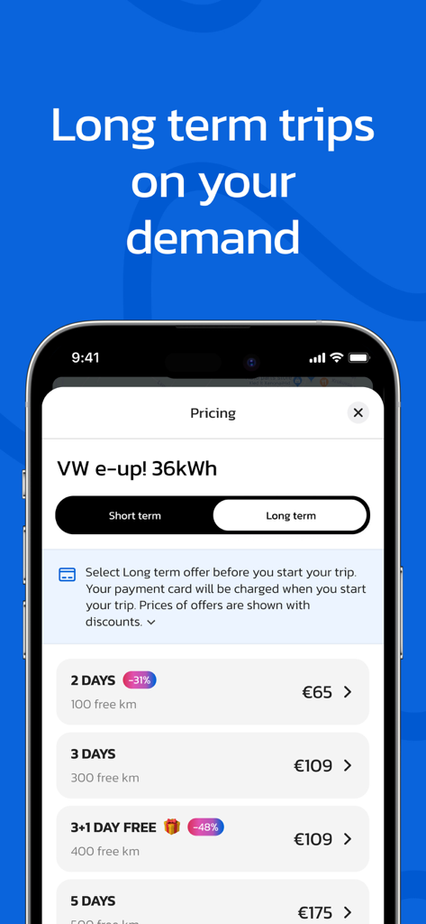 SPARK app screen showing long term electric car rental pricing and offers