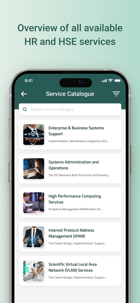 MyWorkplace - MyWorkplace app service catalogue showing enterprise and business support options