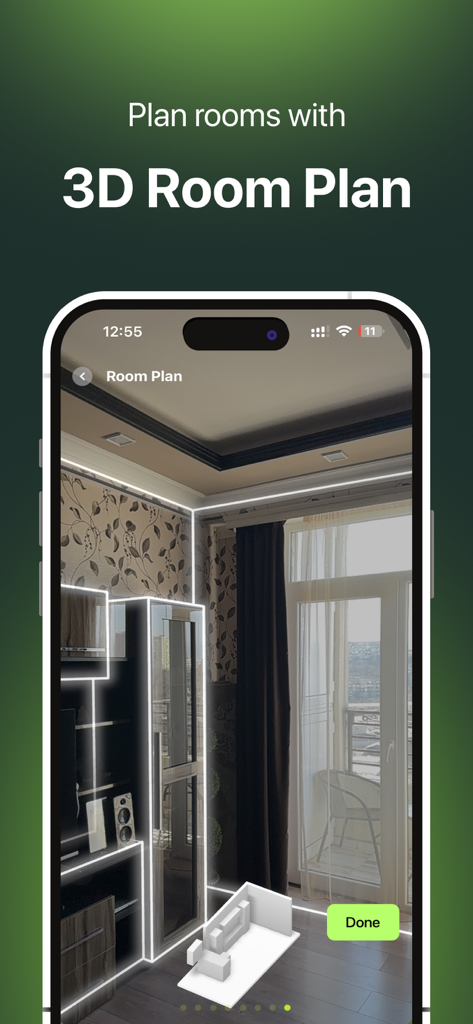 iPhone screenshot showing the 3D room plan feature with augmented reality room scanning
