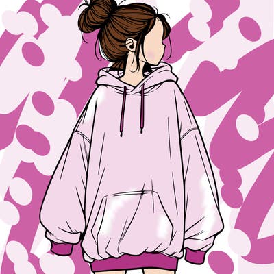 realistic girl with a oversized sweatshirt on and a bun
