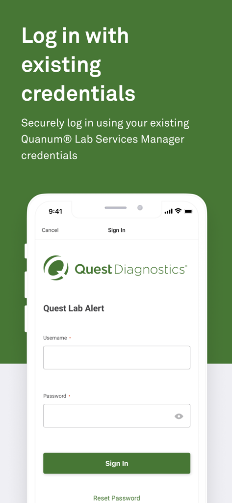 Login screen of the Quest Lab Alert for Physicians mobile app