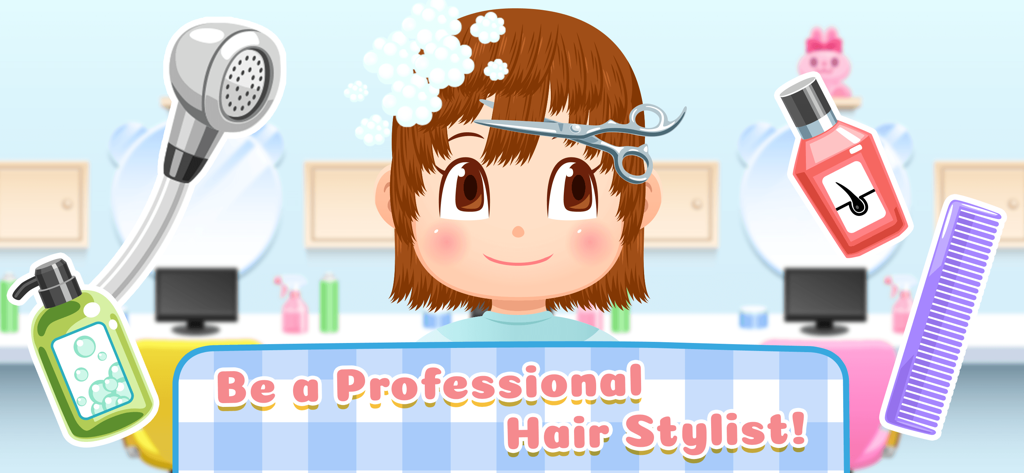 Cartoon child in a hair salon roleplay game with various styling tools