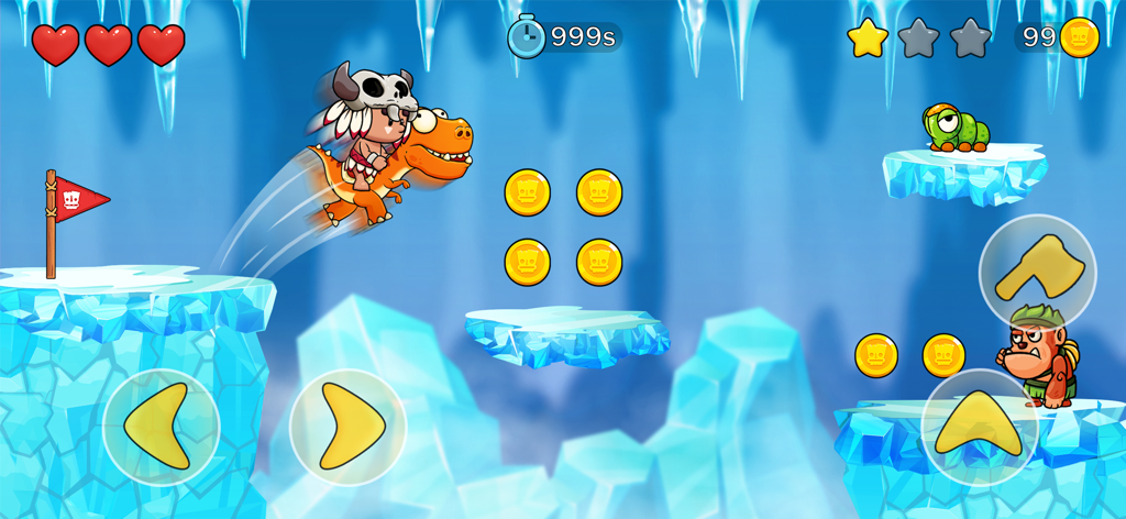 Jungle Adventure: Tribe Boy - Tribe Boy montando um dinossauro em um nível de mundo de gelo do jogo mobile Jungle Adventure.