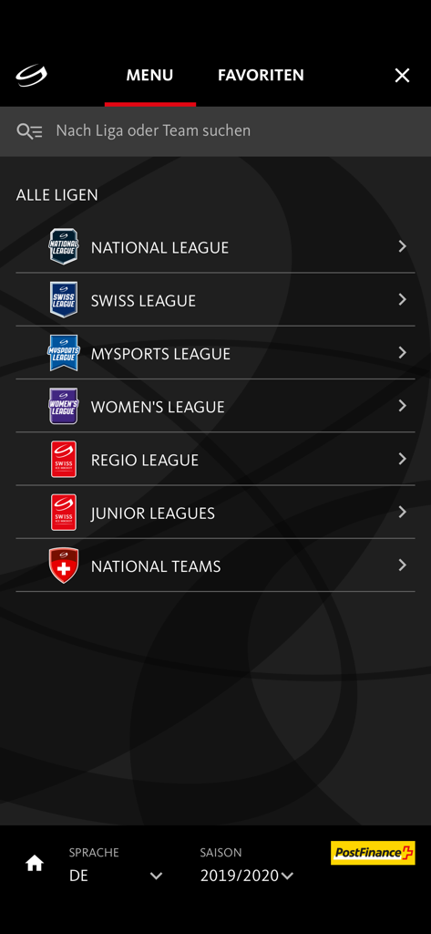 Swiss Ice Hockey - Mobile app menu listing various Swiss ice hockey leagues including National League and Swiss League