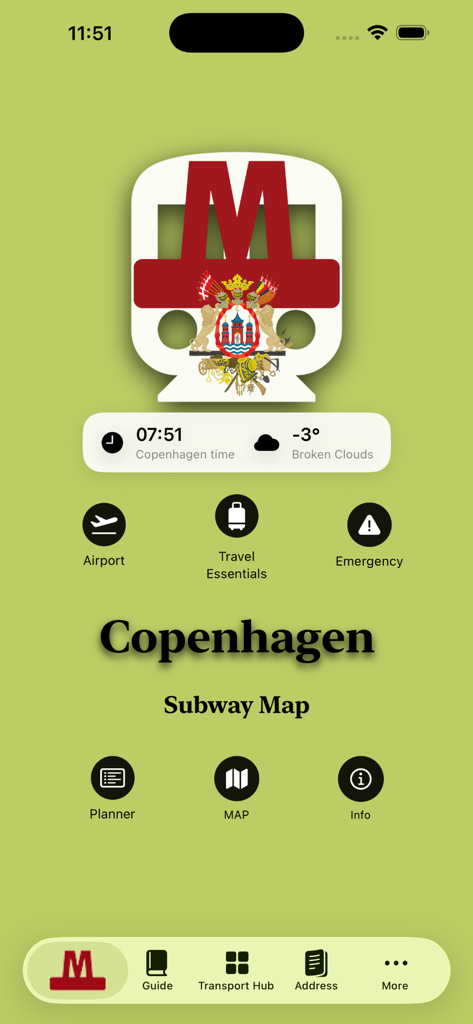 The home screen of the Copenhagen Subway Map app showing transit options weather and local time