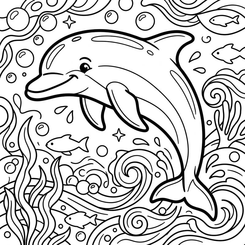 Bring the joy of the ocean to life with this delightful bottlenose dolphin coloring page, capturing its playful leap above the waves. Surrounded by charming aquatic details like bubbles, fish, and seaweed, this design promises a wonderfully immersive and creative coloring experience.