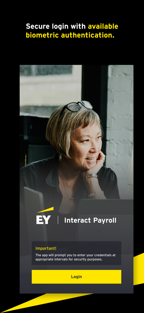 EY Interact Payroll - EY Interact Payroll app login screen featuring a professional woman and a message about secure biometric authentication