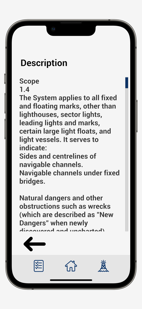 IALA System - Smartphone screen showing the description and scope of maritime navigation marks within the IALA System app.