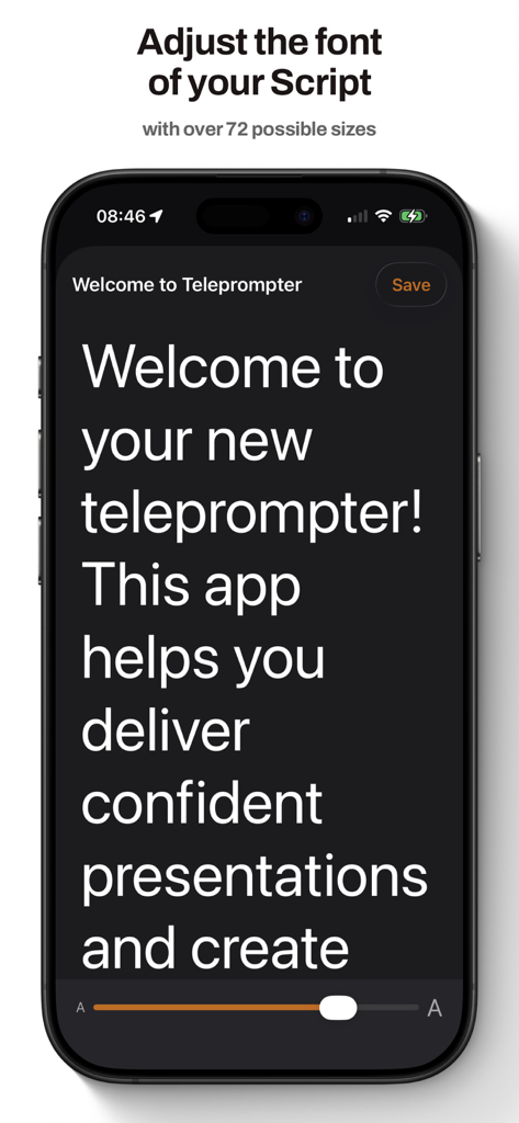 Teleprompter • Video Recorder - Teleprompter app interface showing a script with adjustable font size slider for better readability during video recording