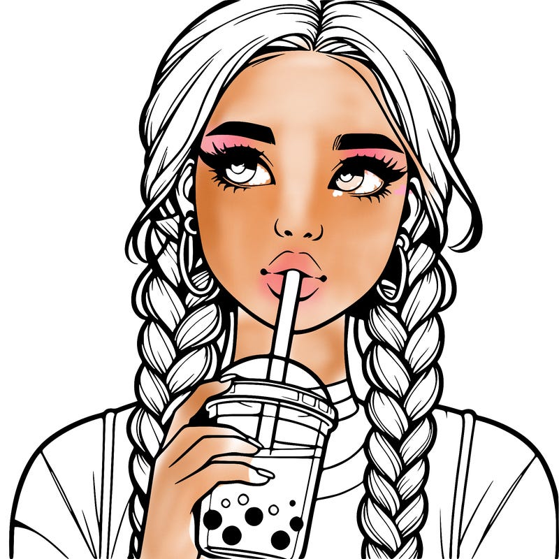 realistic girl with braided hair drinking boba