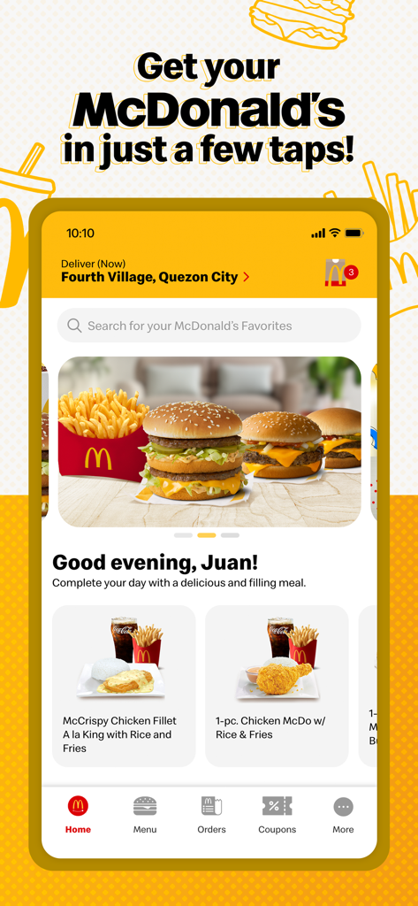 McDelivery PH - The home screen of the McDelivery PH mobile app showing a variety of McDonald's food items and delivery options.