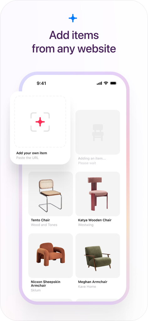 Spacia: AI Home Design - Interface of Spacia app showing a furniture catalog and the feature to add items from any website using a URL.
