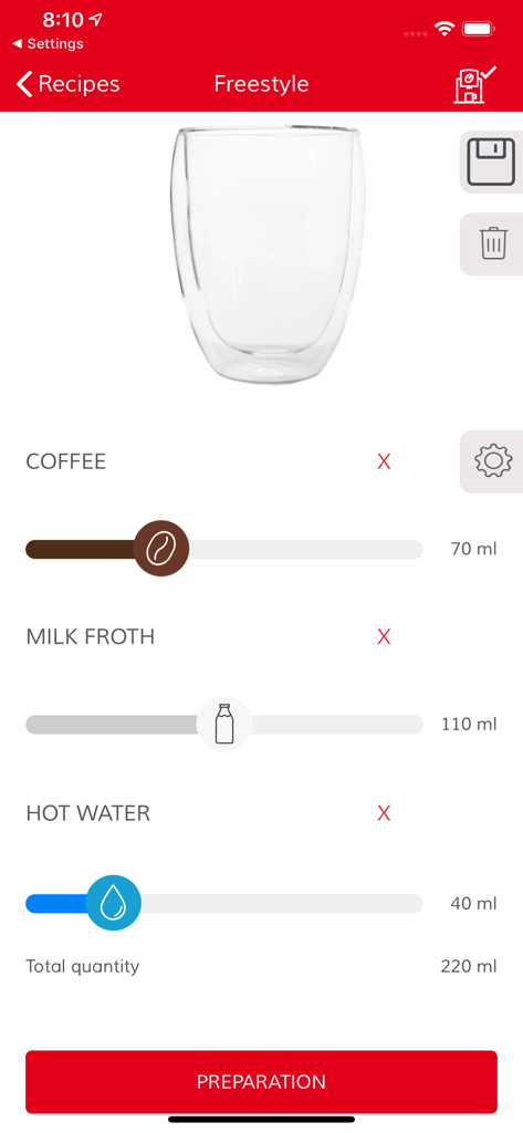 Melitta® Connect - Oberfläche der Melitta Connect App zum Anpassen eines Freestyle-Kaffeerezepts mit Schiebereglern für Kaffee, Milchschaum und heißes Wasser