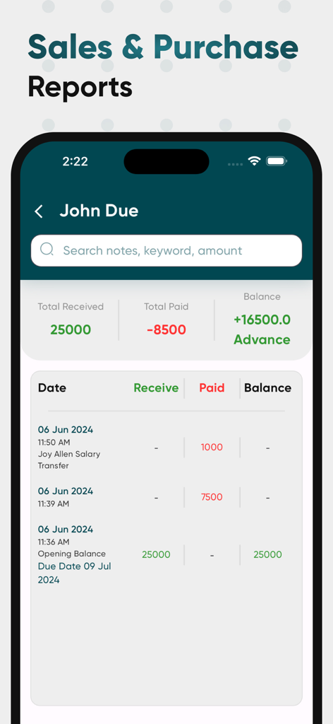 Khatabook - Credit Ledger Book - A mobile screen showing customer transaction history and sales reports within the Khatabook ledger app