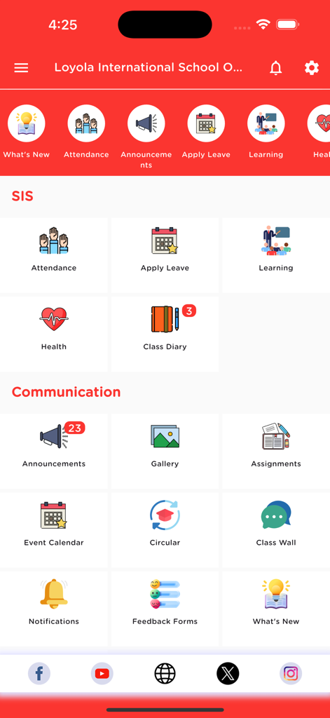 Loyola International School - Panel de la aplicación Loyola International School que muestra la gestión escolar y las funciones de comunicación para padres.
