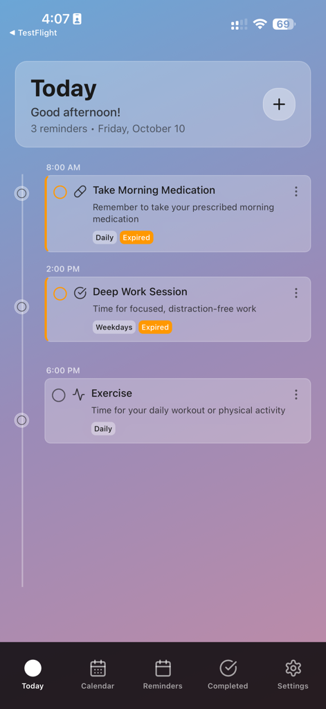 Daily schedule timeline in the Smart Reminder app featuring tasks for medication, deep work, and exercise.