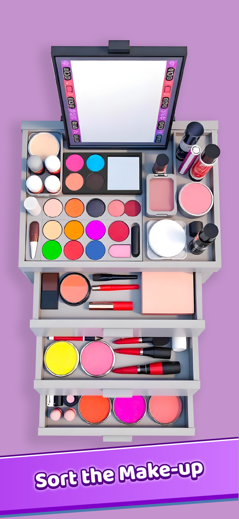 Stock the Fridge - Room Legend - A casual puzzle game level showing a variety of makeup items and beauty products organized neatly into vanity drawers