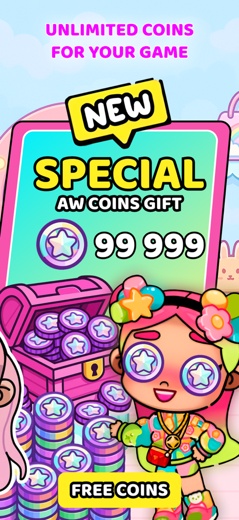 A bright game screen offering a gift of ninety nine thousand coins with a girl character and treasure chest.