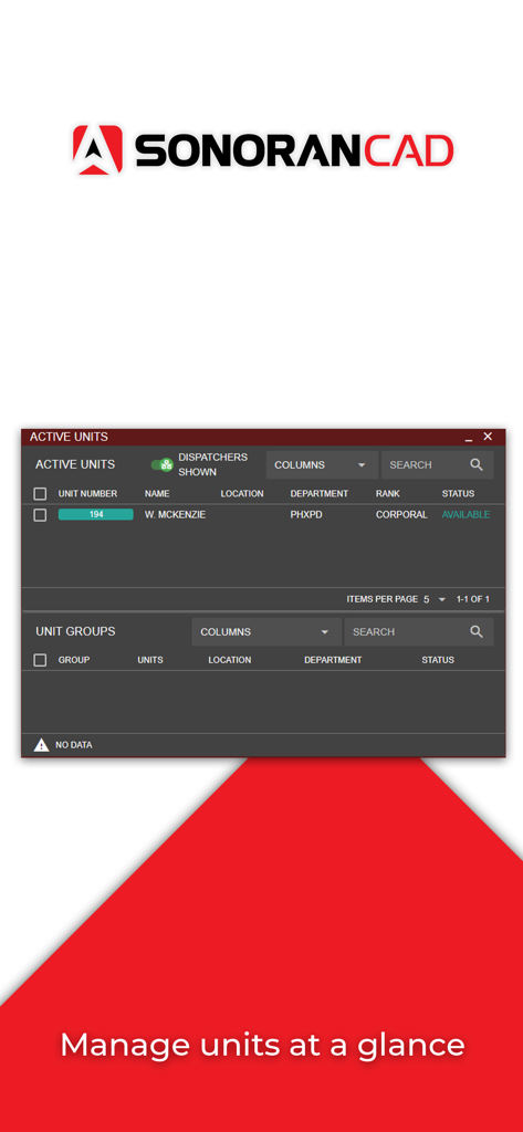 Sonoran CAD - A screenshot of the Sonoran CAD interface displaying the active units dashboard for gaming roleplay management.