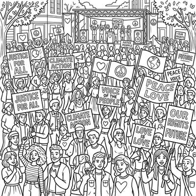 Engage with a dynamic coloring page capturing the spirit of a vibrant protest and gathering. This intricate design features a diverse crowd championing various causes like justice, peace, and climate action.