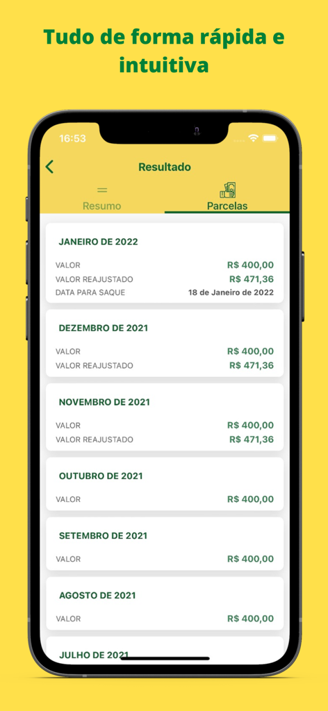 Smartphone screen showing a list of monthly Bolsa Familia benefit installments and payment dates