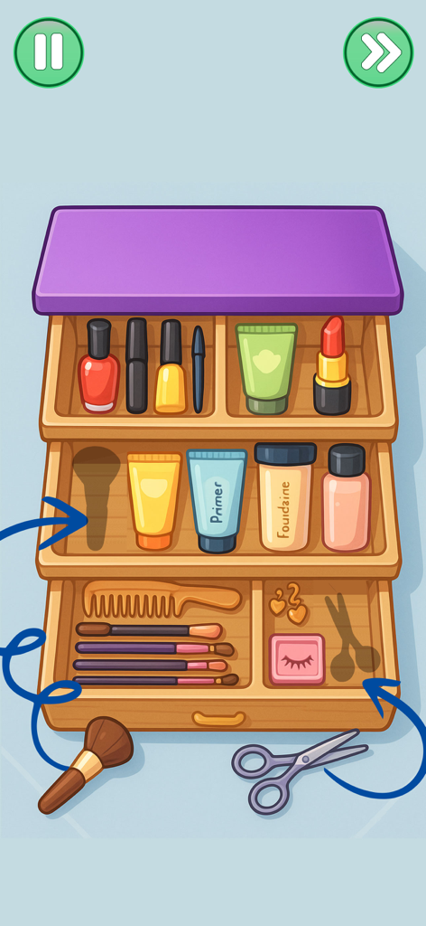 SatisPuzzle: Perfect Tidy Ocd - A 2D puzzle game screen showing a makeup drawer being organized with brushes and cosmetics