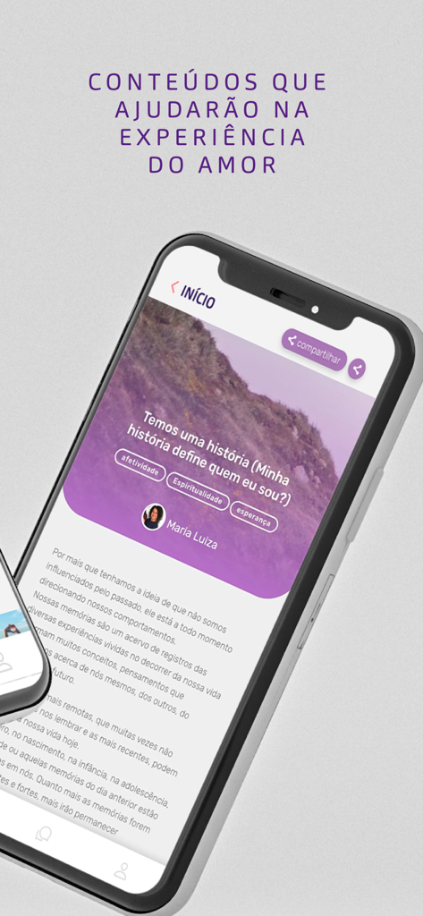 Caná Encontros pela Fé - A mobile phone screen displaying a spiritual growth article within the Cana Christian dating app.