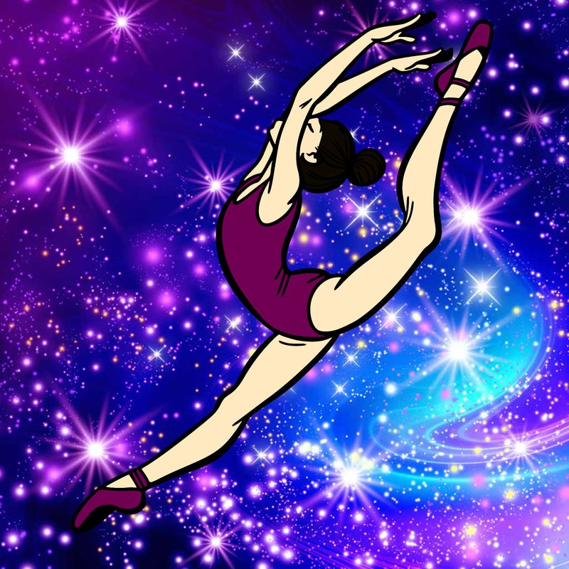 gymnast doing a leap in a leotard with a bent back leg