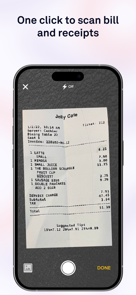 Docyt: Real-Time Bookkeeping - Una pantalla de smartphone que muestra la aplicación Docyt escaneando un recibo de cafetería en papel para la contabilidad automatizada.