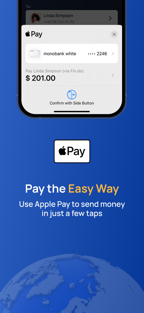 Fin.do: Instant Money Anywhere - Smartphone screen displaying Apple Pay integration in the Fin.do app for sending money instantly