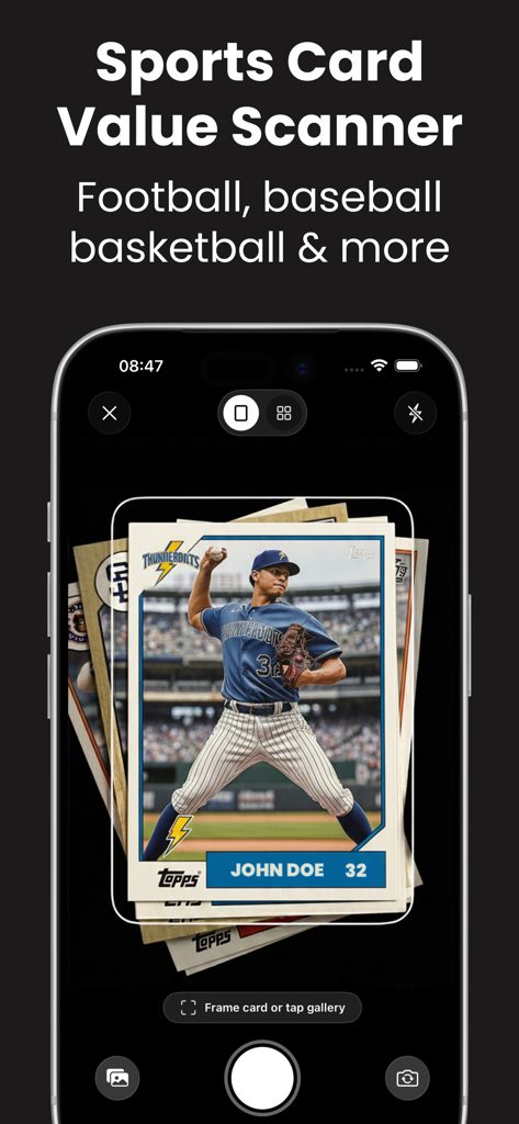 Tela de smartphone mostrando a interface do aplicativo TCG Scan digitalizando uma carta de beisebol para determinar seu valor de mercado.