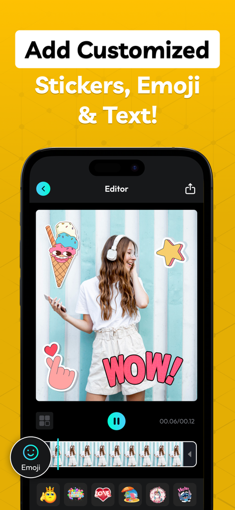 Smartphone screen showing the editor of AI GIF Maker app with customized stickers and text over a photo
